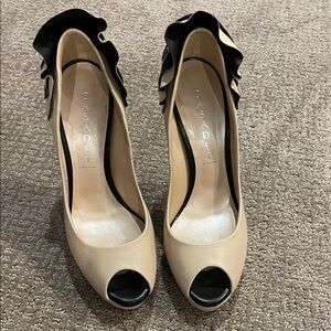 Casadei Black and Cream Ruffle Peep Toe Heels